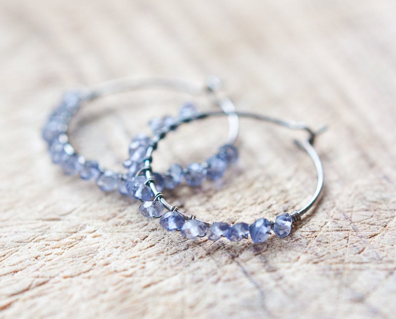 Hoop Earrings Dark Blue Iolite Sterling Silver wire wrapped modern jewelry spring tbteam
