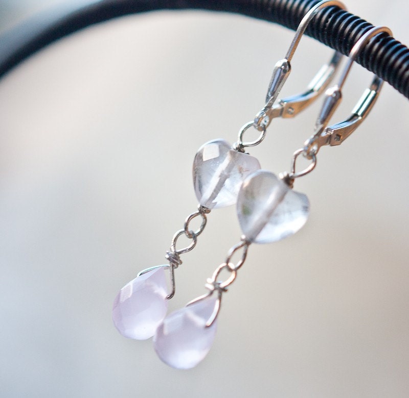 Earrings Heart Shape Pink Quartz Chalcedony Teardrop Sterlings Silver romantic pastel tbteam