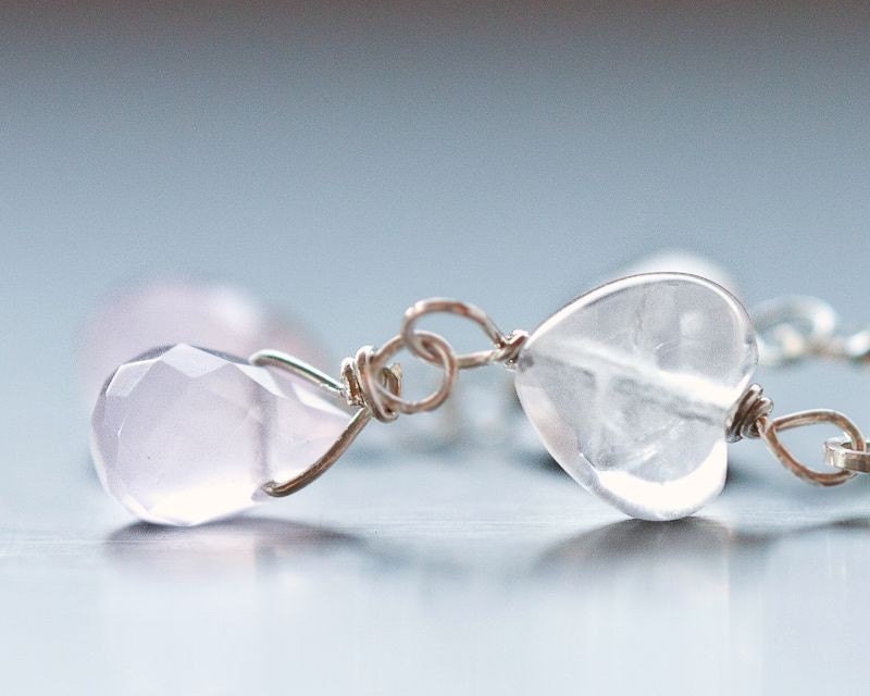 Earrings Heart Shape Pink Quartz Chalcedony Teardrop Sterlings Silver romantic pastel tbteam
