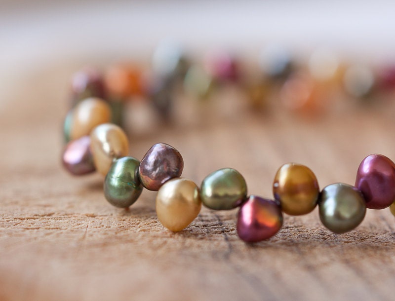 Multicolor Pearls Bracet Colorful Autumn Gold Copper Chocolate Green rustic organic design tbteam