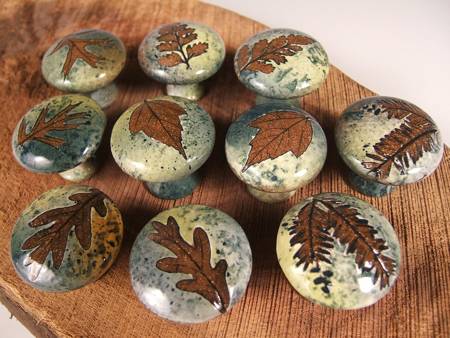 10 ceramic cabinet knobs drawer pulls tree leaves, unique, in green leaf glaze