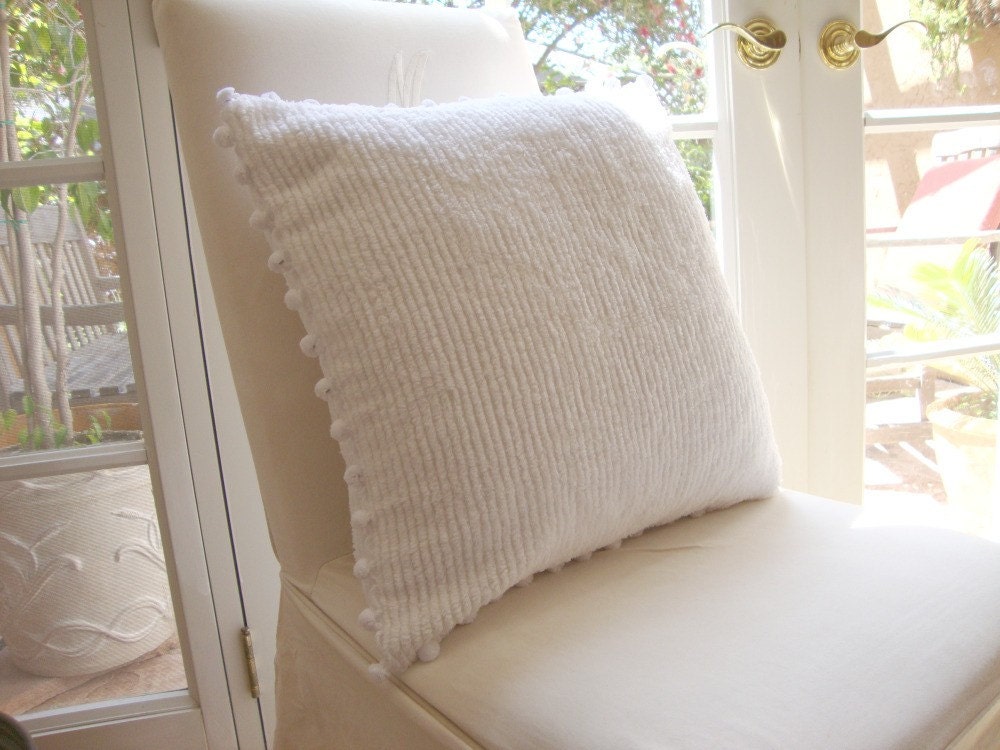 White Cotton Chenille Pillow Cover with Pom Pom trim 20" x 20" (51 Cm)