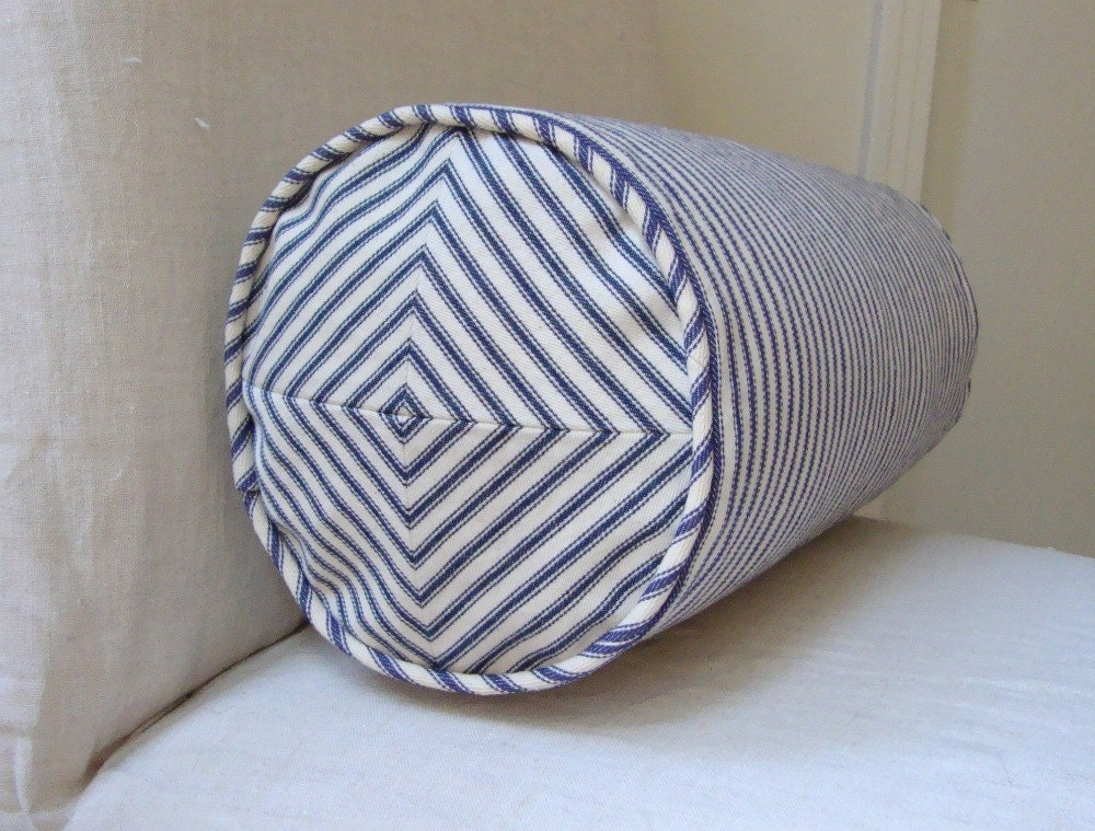 Navy and Off White Ticking Stripe 6x15 inch Neck Roll Pillow Cover with Mitered Ends