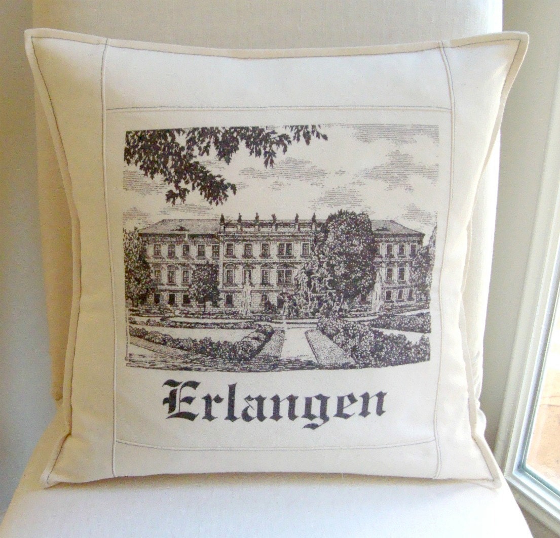 Brown and Cream Upcycled 18" x 18" (46 cm) German Castle Design Cotton Pillow Cover