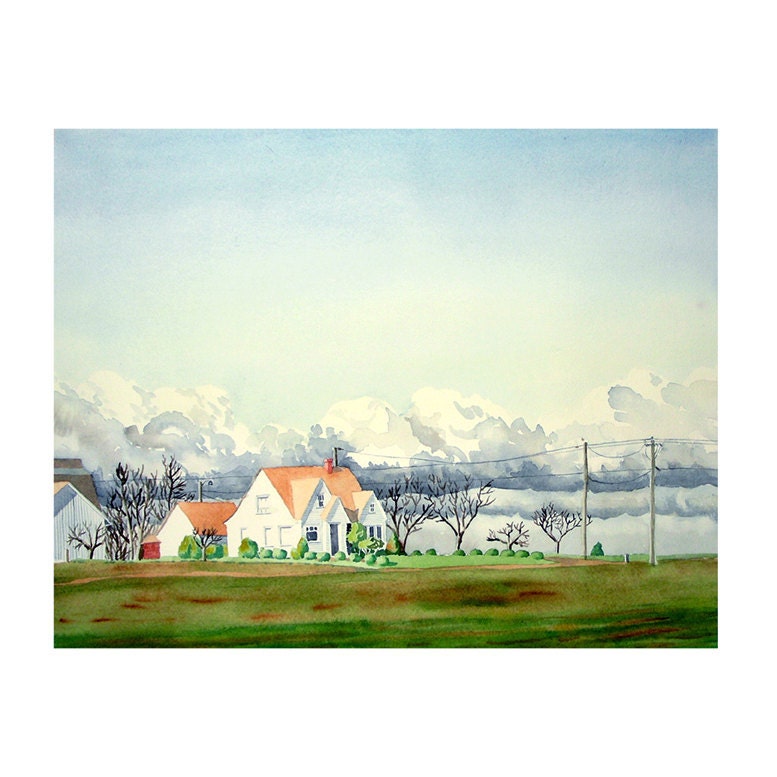Farm Landscape Art Watercolor Print Spring Summer Dairy Women Men Farm House Storm Clouds White Gray  Green 10.5 x 13.5" Price Under 30