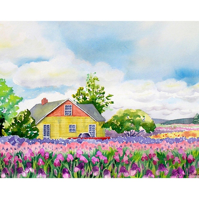 Farm landscape Watercolor Painting Print - Mother's Day - Flowers, Farmhouse Painting, Neon Pink - Women Men Flowers Neon Pink  7.6  x 9.6