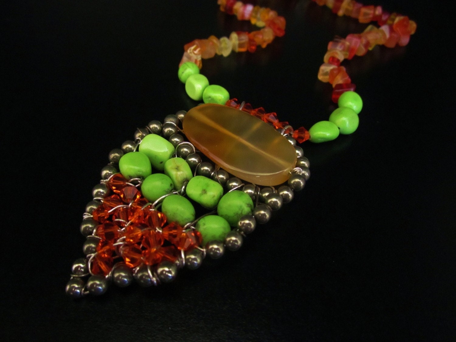 Neon Pendant Necklace - Amulet Necklace in  GreenTurquoise & Bright Orange Carnelian Sharona Nissan