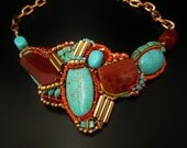 Tribal Bib Necklace in Turquoise & Coral - Artisan Jewelry by Sharona Nissan