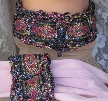 Crochet Choker and Bracelet Set Art Nouveau Style with Sparkling Yarn and Matching Ribbon.