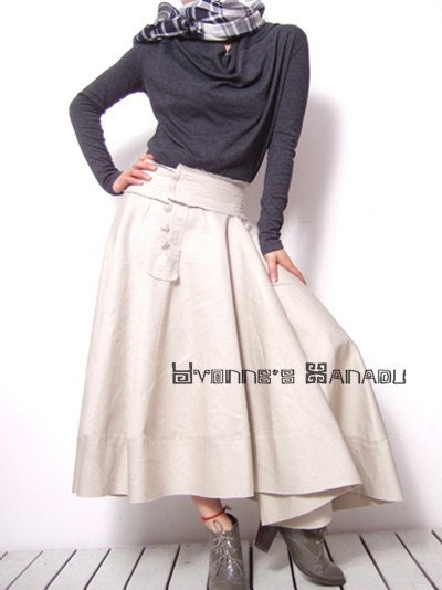 Beige Light khaki Cotton Asymmetric Long Full Pleated Skirt Free Shipping International