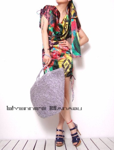 Red Green Yellow Floral Graphic Stretchy Pure Silk Satin Crowl Neck Mini Dress Free Shipping International