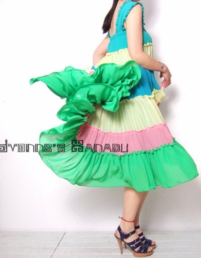 Blue Yellow Pink Green Chiffon Long Chiffon Tiered Full Pleated Skirt Sleeveless Summer Dress