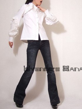 White Cotton Shirt Lace Ruffle Long Puff Sleeve Top Victorian Blouse