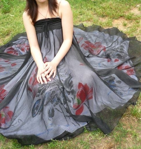 Handpainted Red Pink Lotus White Cotton Black Silk Chiffon Wrap Long Full Skirt Dress FREE SHIPPING International