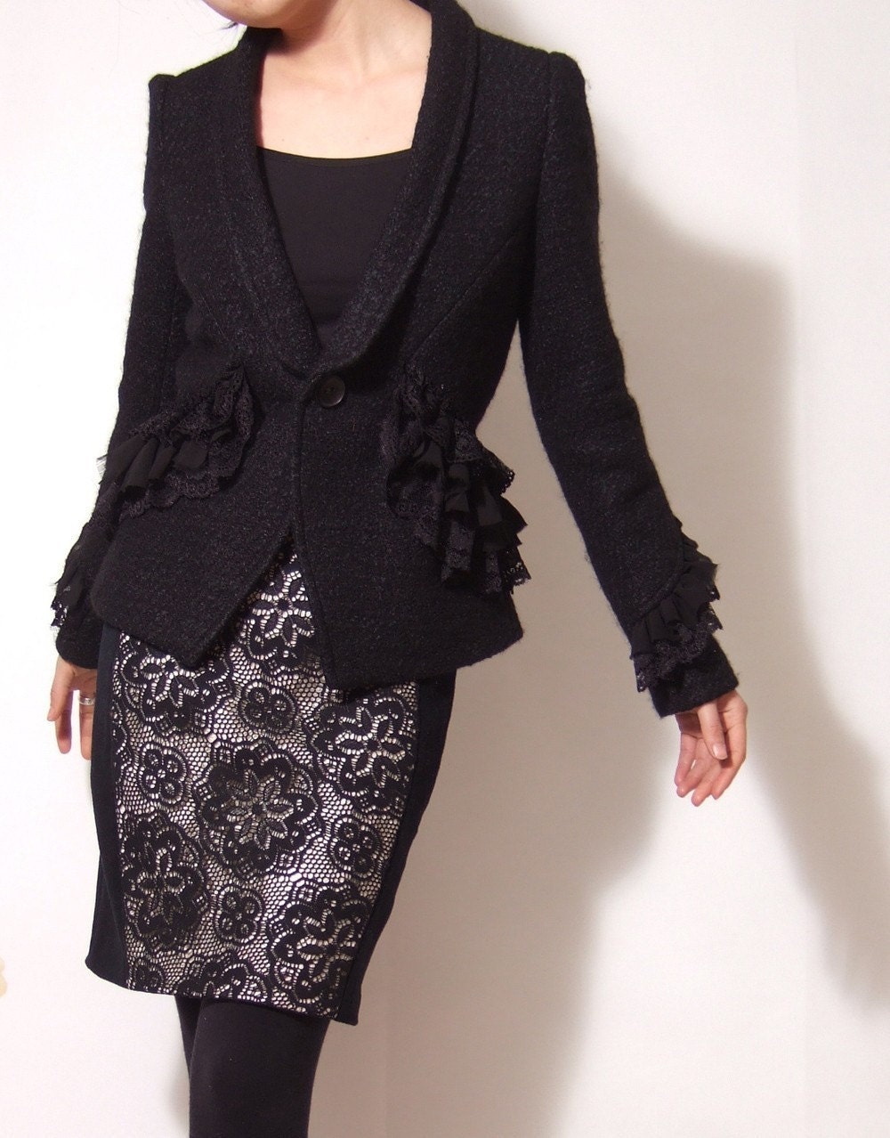 Black Ruffle Wool Long Sleeve Formal Tuxedo Suit Victorian Coat Tiered Lace
