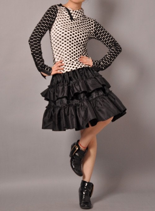 Black Jacquard Silk Brocade High Waisted Full Pleated Ruffles Victorian Skirt Free Shipping International