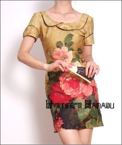 Yellow Oil Painting Red Floral Cotton Short Sleeves Fitted Mini Cocktail Dress Cheong-sam Qipao