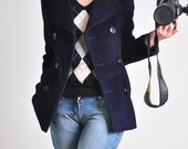 Classic Navy Blue Alpaca Blended Wool Double Breasted Cropped Blazer Peacoat