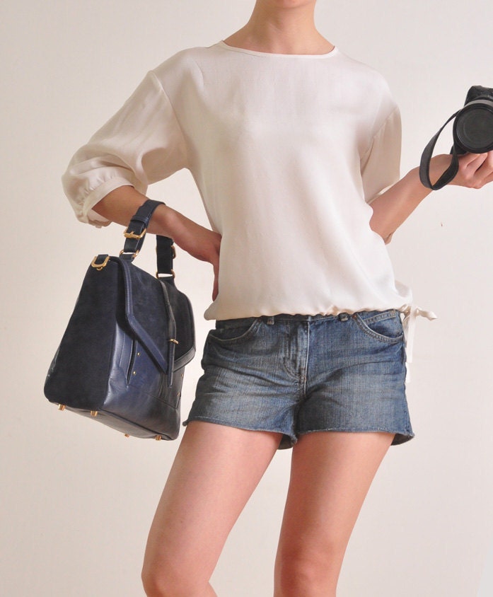 White Heavy Weight Pure Silk 3/4 Puffy Sleeves Scoop Neck Babydoll Blouse