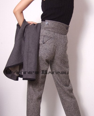 Grey Checked Wool Blended High Waisted Long Trousers Free Shipping Internatiaonl