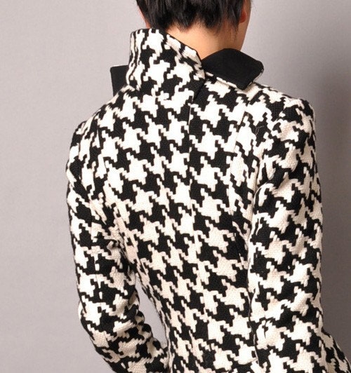 Black White Houndstooth Pure Wool Ruffled Frilly Fennel Neck Asymmetrical Long Winter Coat