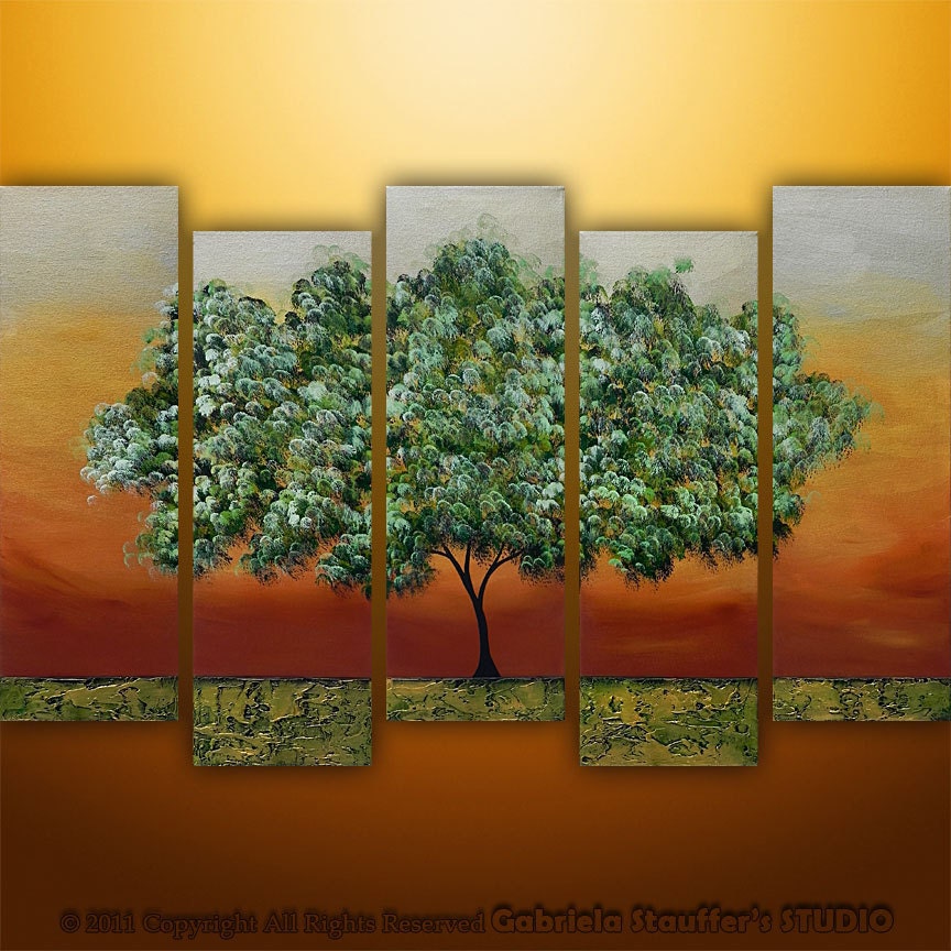 Abstract Modern Landscape Tree Asian Art by Gabriela 50x30 Metallic Large