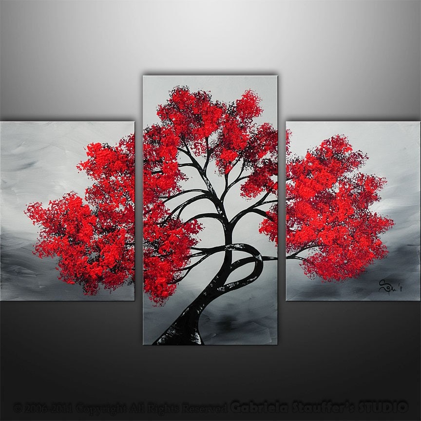 Abstract Modern Landscape Asian Tree Art by Gabriela 36x24 black, white, red