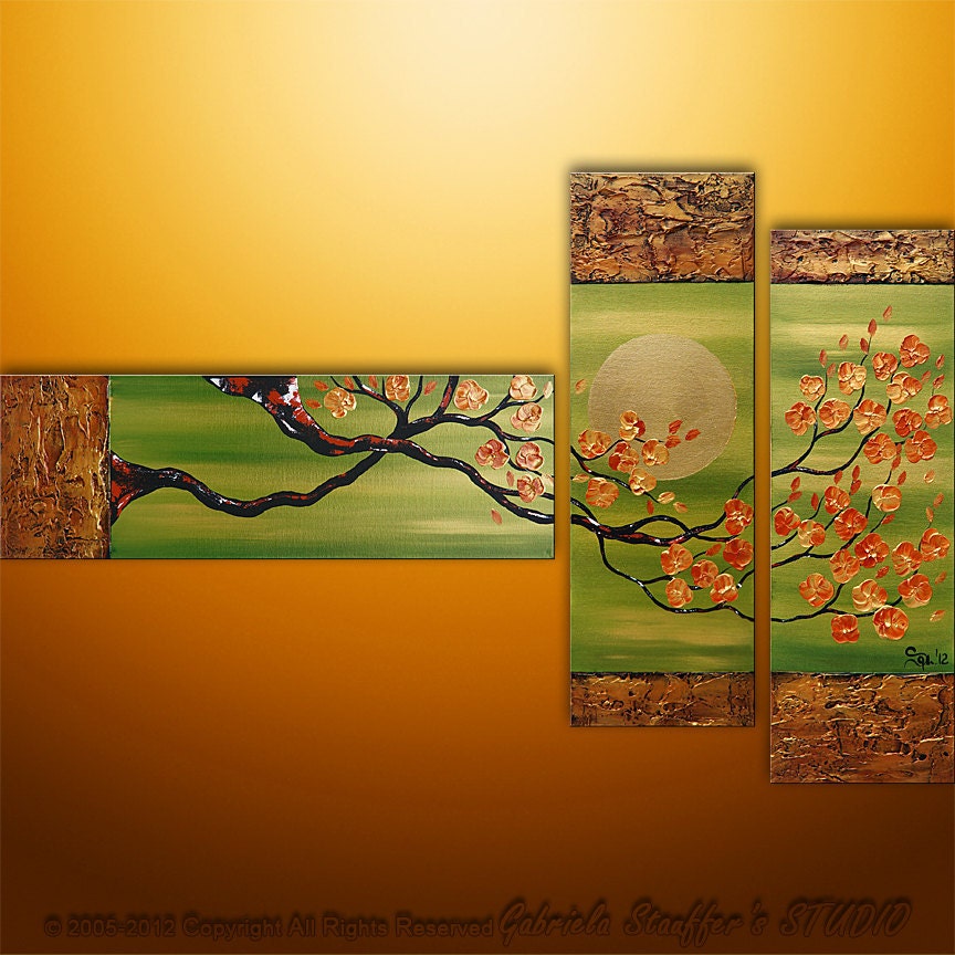 Original Modern Landscape Asian Modern Tree Textured Blossom Painting Art by Gabriela 50x30 Metallic
