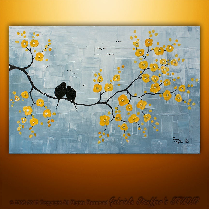 Abstract Landscape Tree Birds Painting Textured Modern Palette Knife Impasto Art by Gabriela 36x24