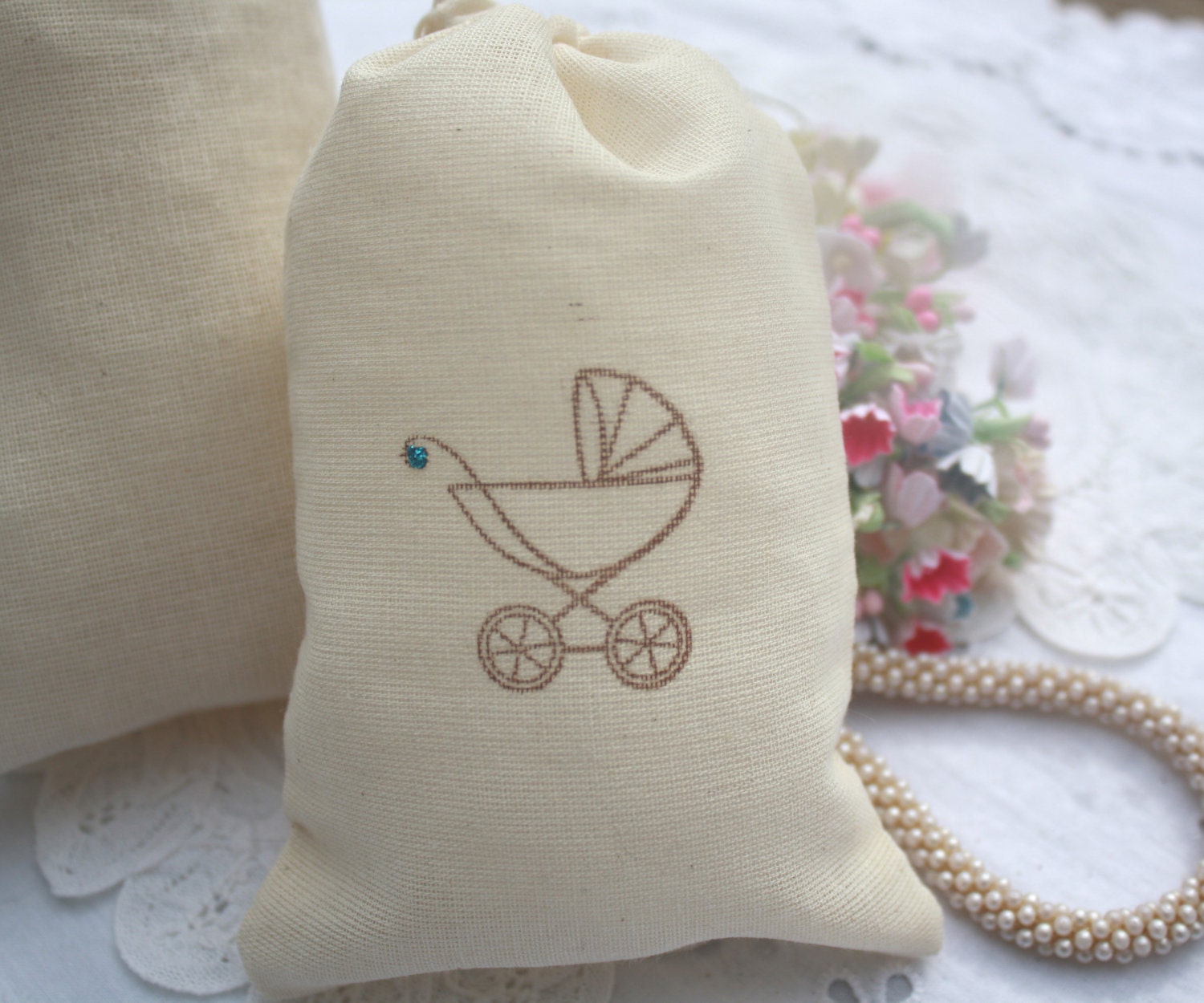 Muslin Favor Bags - Baby Shower - Wedding - Birthday - Favors - Baby Carriage - Baby Boy