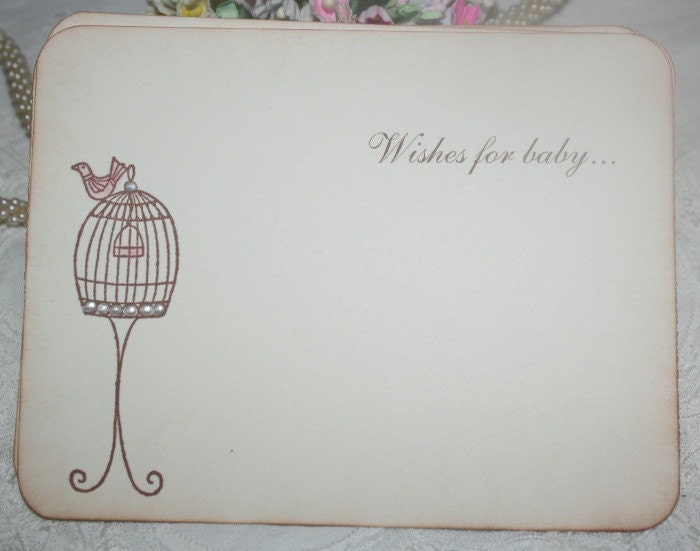 Baby Shower Wish Cards - Elegant Bird Cage - Pink Bird - Baby Girl - Set of 12