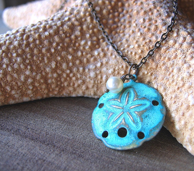 Necklace, Round Sand Dollar Pendant, Turquoise, Swarovski Pearl, 18 Inch Brass Chain - NAUTICA