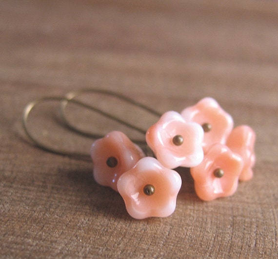 Spring Bouquet - Dangle Earrings, Floral, Peach Pink Flowers, Antiqued Brass Kidney Earwires