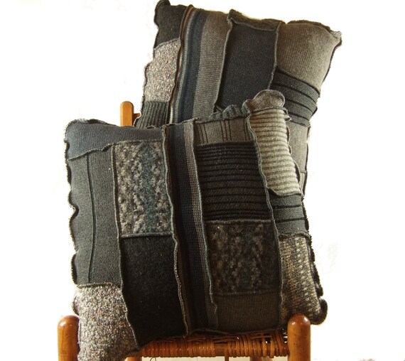 Pair of Throw Pillows gray and black recycled sweaters by jill2day