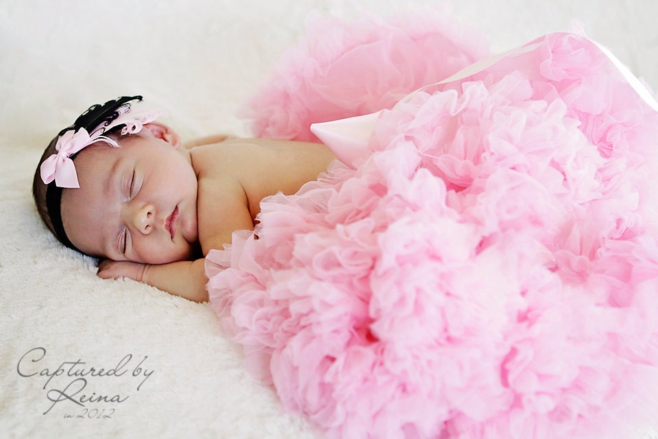 Super Fluffy Pink Newborn Pettiskirt and Matching Ruffled Tiny Gingham Newborn Bow Headband READY TO SHIP