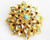 Hattie Carnegie Ruby and Aqua Glass Flower Brooch