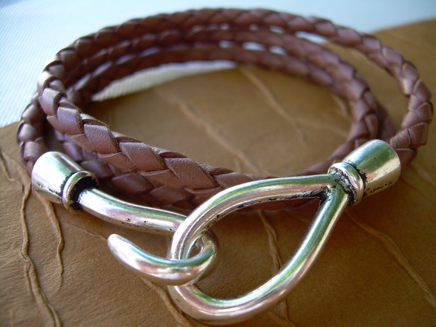 Leather Bracelet, Triple Wrap,Saddle Braid, Hook Closure Clasp, Mens Bracelet, Womens Bracelet, Mens Jewelry, Womens Jewelry