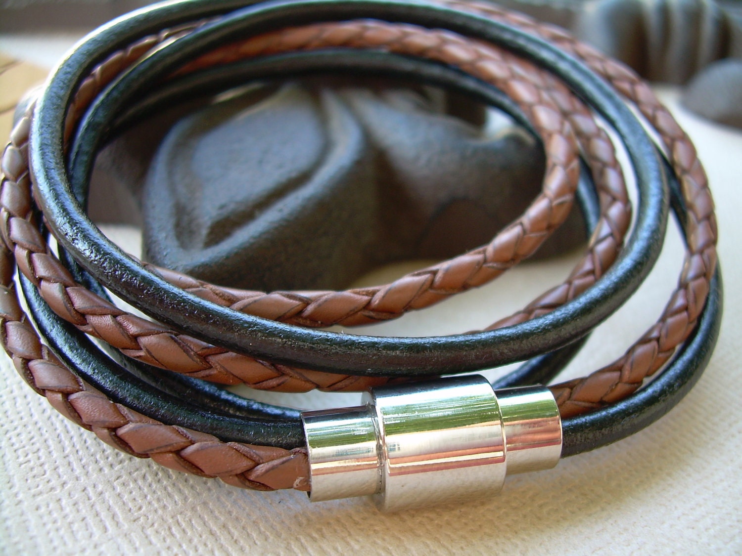 Mens  Leather Bracelet with Stainless Steel Magnetic Clasp Triple Wrap Black and Saddle Braid, Fathers Day Gift, Mens Bracelet, Mens Jewelry