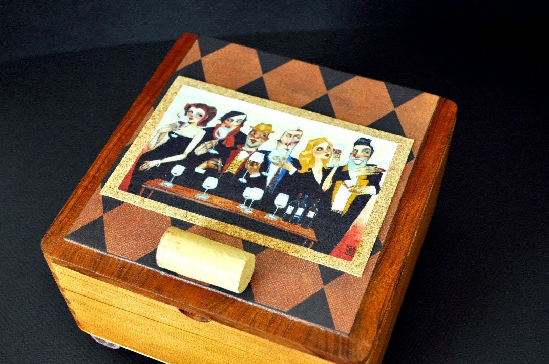 Father's Day Free Shipping, Wine Themed Cigar Box, Upcycled, gift for dad, harlequin, cork detail