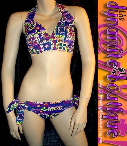 RETRO MOD.. plunge halter/side-tie bikini. 70's patchwork glo brights SZ S/B-C, 34H