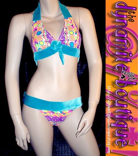 CandyRaver & Velvet lo-rise halter bikini.  Pop Art Disco Brights...  XS-M