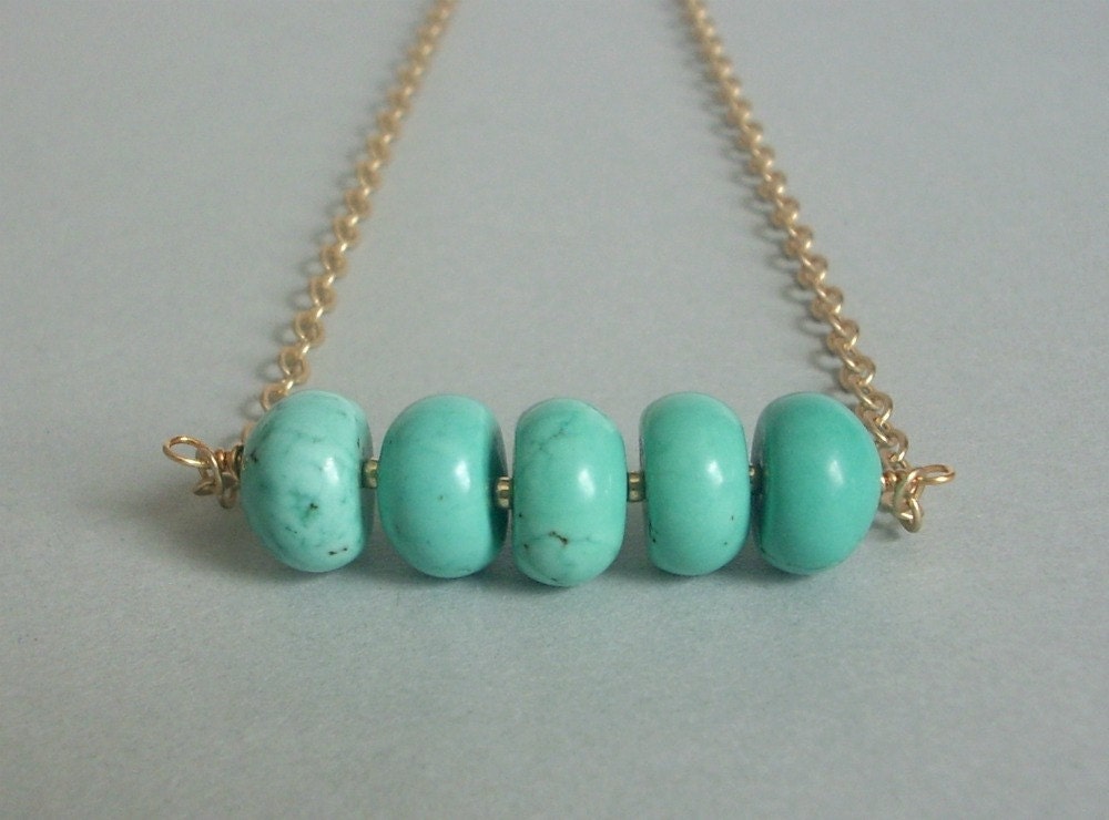 14K Yellow Gold Plated Necklace with Satin Finish and Blue Green Magnesite Gemstones - Distance