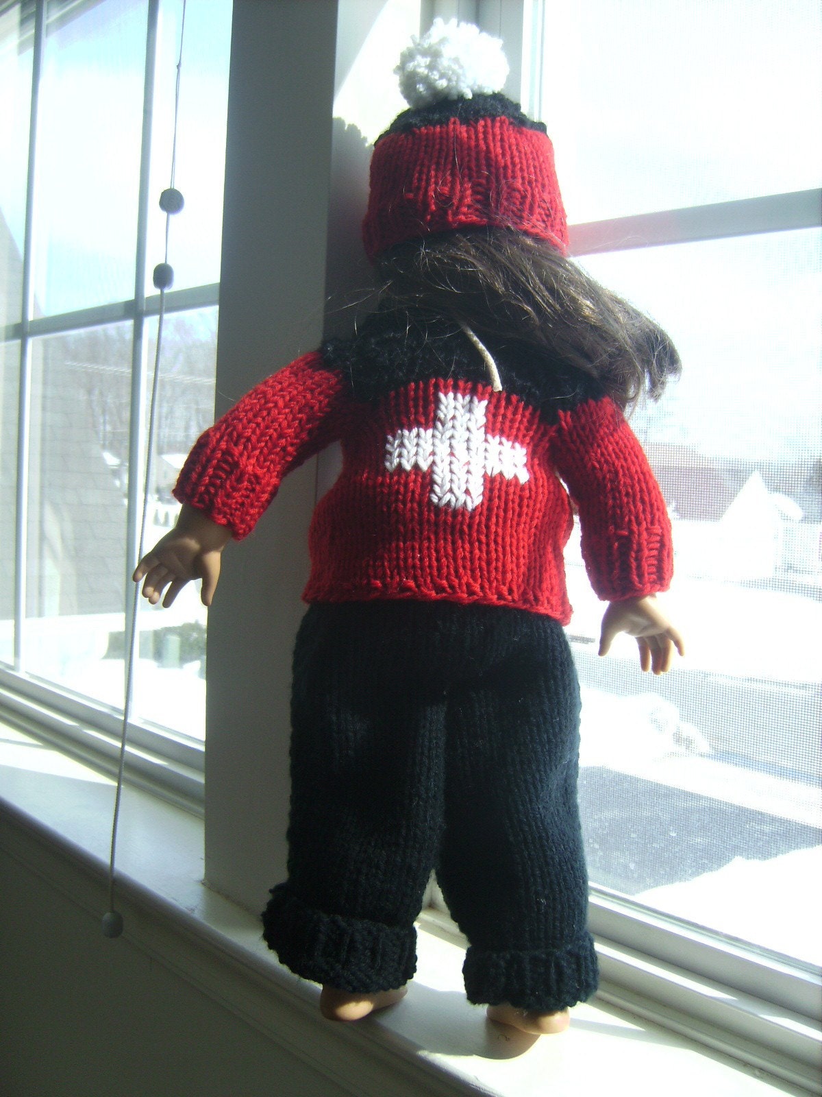 Red Hand Knit Swiss Ski Patrol Jacket, Black Pants & Hat for an 18 inch American Girl Doll - Ready to Ship
