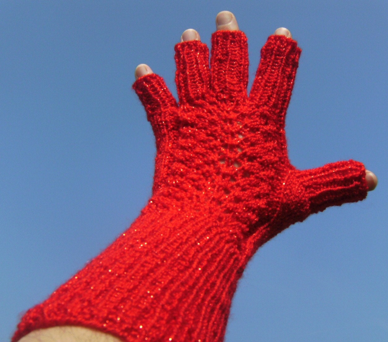 Ruby Red Long Knitted Elegant and Glamorous Victorian Lace Five 5 Finger Lady Half Gloves