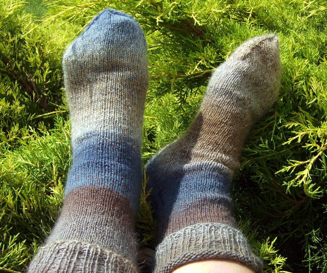 Wool Hiking Socks - Blue Grey Beige Brown Hand Knit (Seize 8 or 9, 41 or 43 - Ready to Ship)