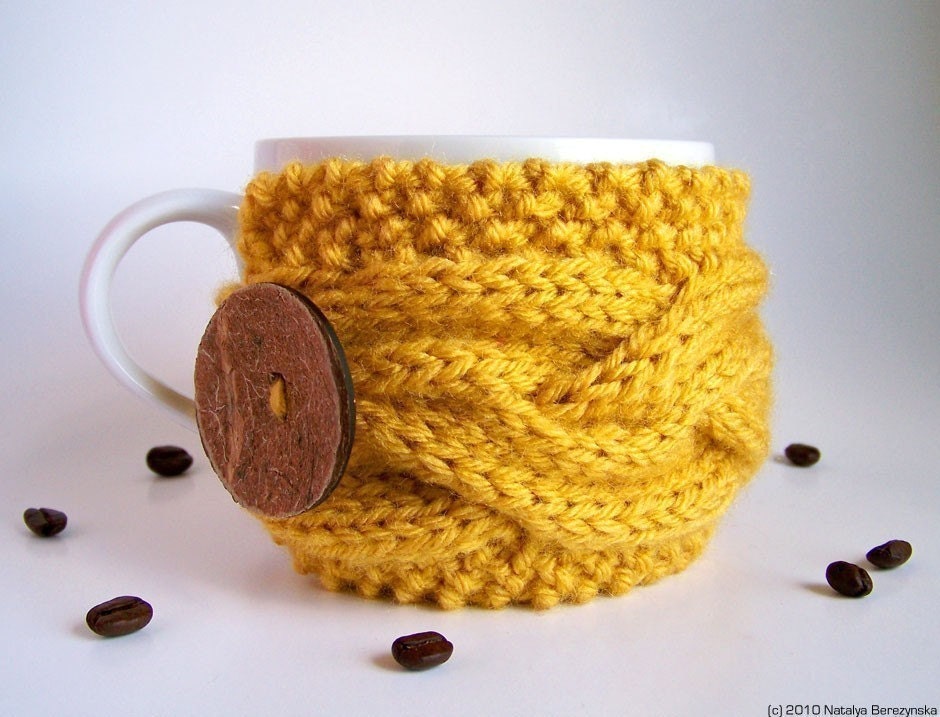 Coffee Cozy in Honey Yellow, Cabled Cup Cozy - Geometric  Summer Sun Mustard Bee Wax ohtteam Farm Egg Yolk Bright - Graduation Gift