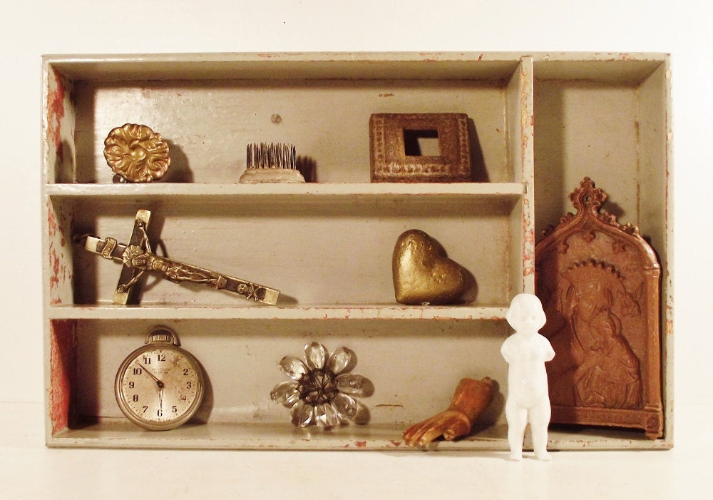 Vintage Wooden Cutlery Tray Desk Organizer with Chippy Gray Paint