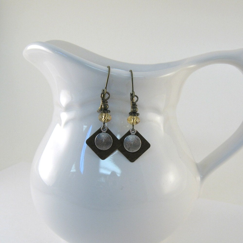Silver Swirl Earrings Antique Brass Diamond Gold Czech Glass Beaded Lever Back Dangle