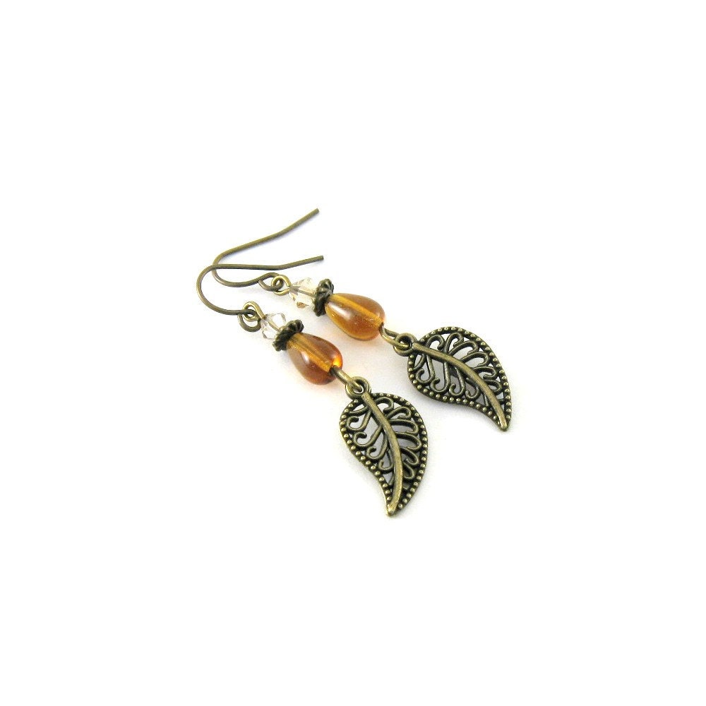 Orange Leaf Earrings Antique Brass Teardrop Swarovski Golden Shadow Beaded Wire Earrings