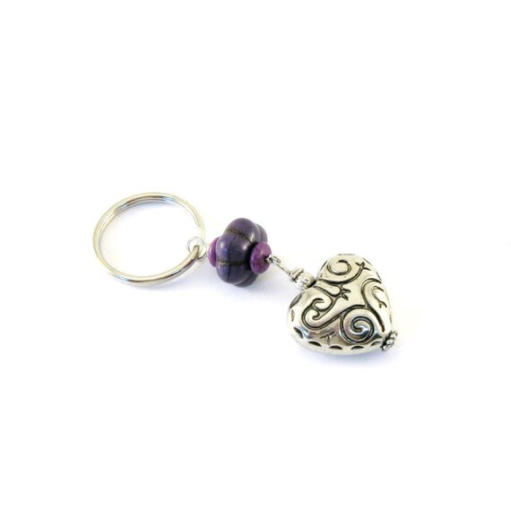 Purple Heart Keychain Silver Puffy Etched Heart Purple Magnesite Beaded